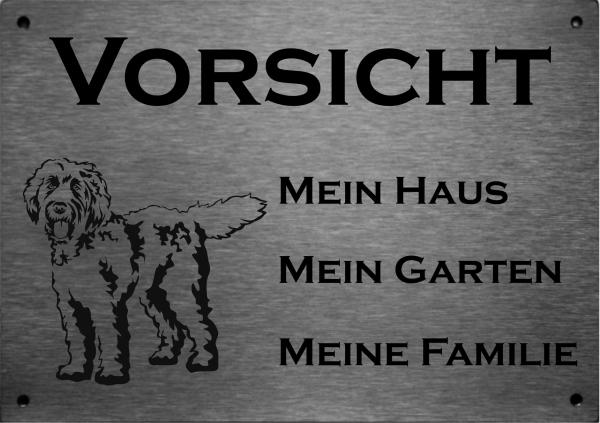 Edelstahl Warnschild Labradoodle VORSICHT Mein Haus mein Garten meine Familie